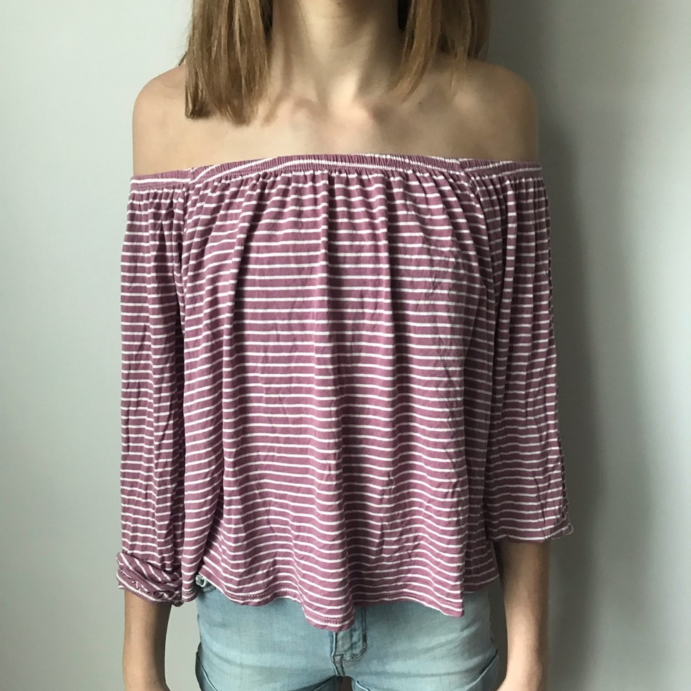 Dusty Pink and White Striped Off the Shoulder Top